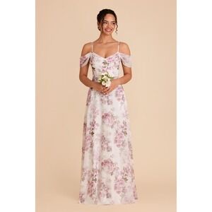 Birdy Grey Devin Chiffon Slit Dress Dusty Pink Peonies Floral Maxi Gown Small
